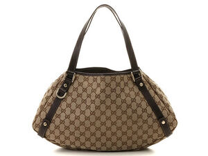 Gucci GG Tote Bag Canvas Leather Dark Brown Beige Cream
